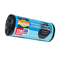 Мешки для мусора 120 л, с ушками, черные, в рулоне 30 шт., ПНД, 15 мкм, 1100х700 мм, Крепак, 4607075710375 во Владимире
